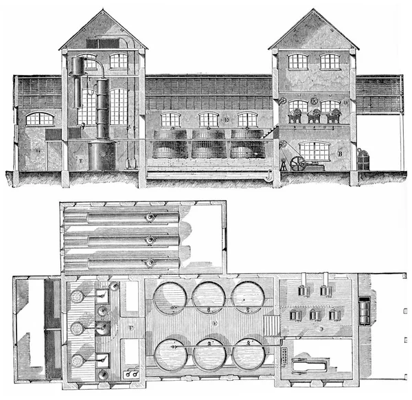 連続プレス 計画と標高 ヴィンテージ刻まれたイラストで作業蒸留ビーツ 産業百科事典E 1875 — ストック写真