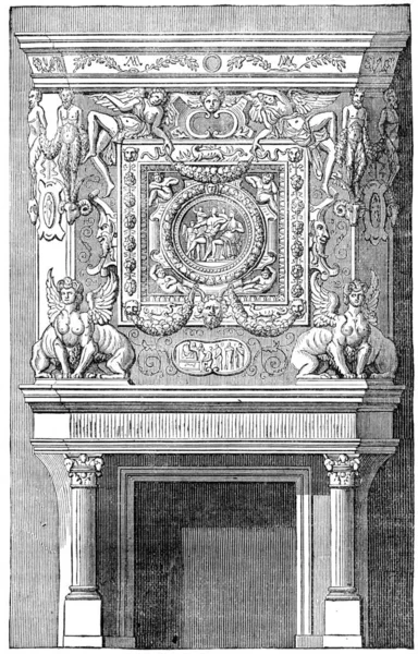 Kandalló Király Lakásában Fontainebleau Kastélyban Vintage Vésett Illusztráció Ipari Enciklopédia — Stock Fotó