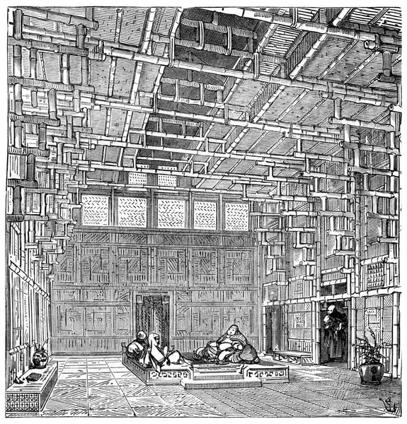 Chambre Intérieure Une Maison Bambou Chine Illustration Gravée Vintage Encyclopédie — Photo