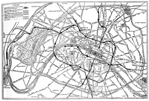 Mapa Paryskiego Projektu Kolei Metropolitalnej Ilustracja Wygrawerowana Stylu Vintage Encyklopedia — Zdjęcie stockowe