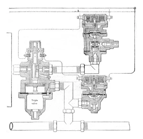 シャパル電動ブレーキバルブ ヴィンテージ刻印イラスト 産業百科事典E 1875 — ストック写真