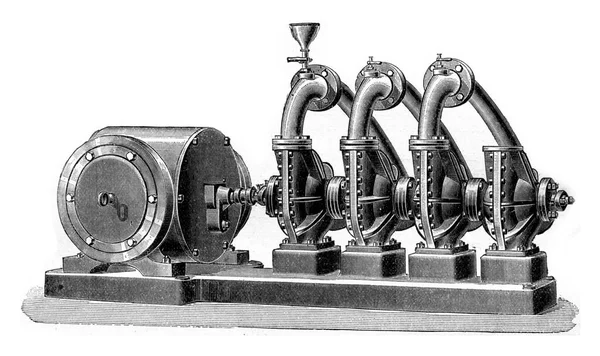 一组四个共轭泵 杜蒙系统 由在湿井中工作的电动机驱动 老式雕刻图解 工业百科全书E 1875年 — 图库照片
