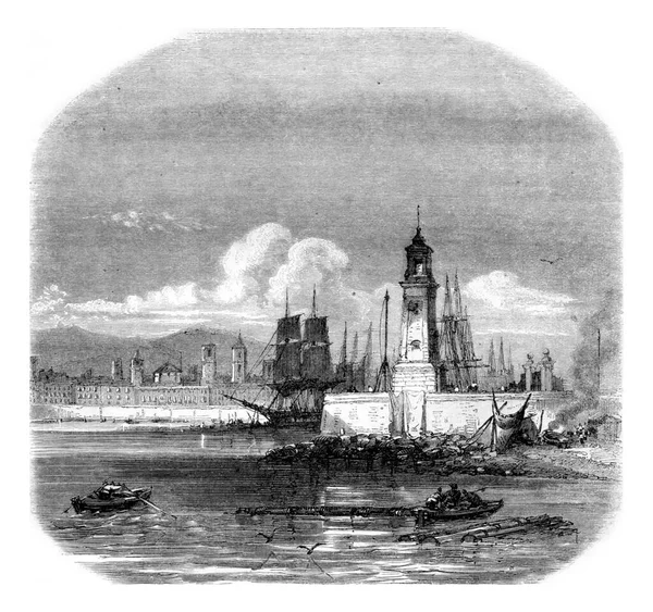 Alter Leuchtturm Des Hafens Von Barcelona Alte Gravierte Illustration Magasin — Stockfoto