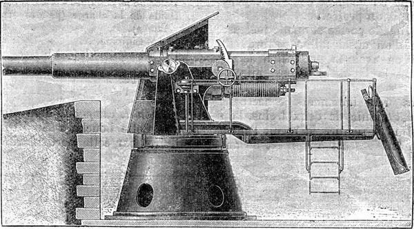 加农炮6寸用于设防 老式雕刻插图 工业百科全书E 1875年 — 图库照片