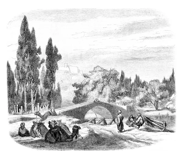 Most Karawany Smyrna Zabytkowa Ryta Ilustracja Pittoresque 1857 — Zdjęcie stockowe