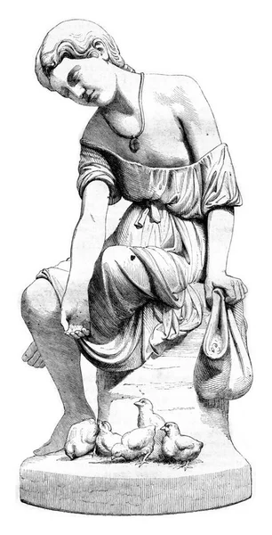 Картинна Виставка 1857 Року Дівчина Курчата Вінтажна Гравюра Magasin Pittoresque — стокове фото
