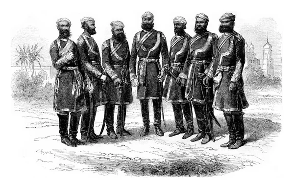 Siedmiu Oficerów Nieregularnej Kawalerii Pendżabu Ryta Ilustracja Rocznika Pittoresque 1857 — Zdjęcie stockowe