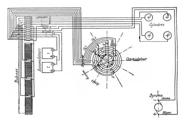Diagrama Ignição Elétrica Carro Petróleo Cilindros Ilustração Gravada Vintage Enciclopédia — Fotografia de Stock
