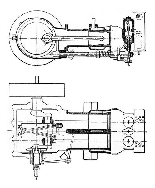 横に並んで配置された2つのシリンダーと水平エンジン ヴィンテージ刻まれたイラスト 産業百科事典E 1875 — ストック写真