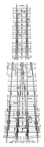 針の3つの方向の計画を敷設 ヴィンテージ刻まれたイラスト 産業百科事典E 1875 — ストック写真