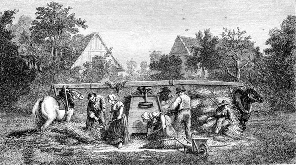 Výstava Obrazů Roku 1857 Threshing Machine Burgundsku Archivní Rytá Ilustrace — Stock fotografie