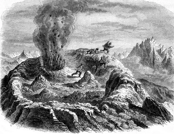 安图科火山 天然气喷发 古老的雕刻插图 Magasin Pittoresque 1858年 — 图库照片