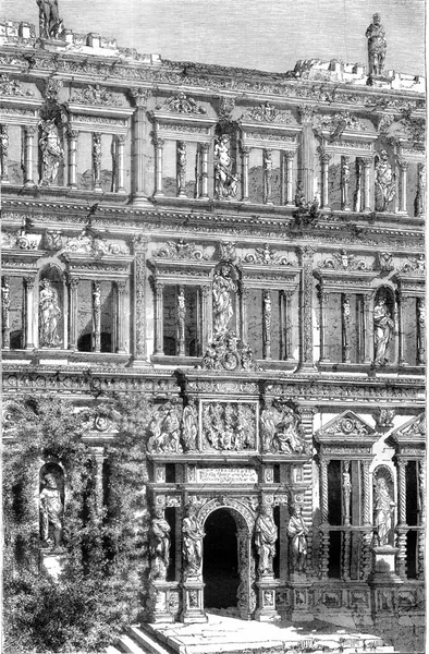 海德堡 亨利宫殿立面的细节 古老的雕刻插图 Magasin Pittoresque 1858年 — 图库照片