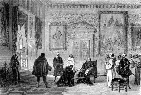 查理五世在伊斯特修道院 古老的雕刻插图 Magasin Pittoresque 1858年 — 图库照片