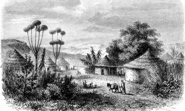 Střední Afrika Pohled Vesnici Muglebu Zemi Mousgou Archivní Rytá Ilustrace — Stock fotografie