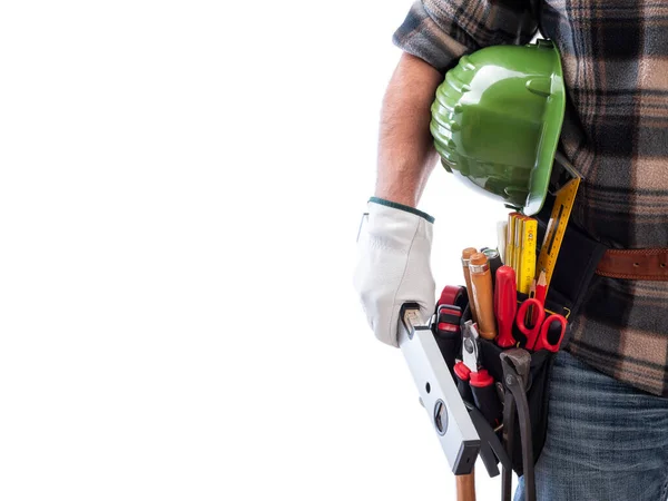 Carpenter Isolated White Background Wears Leather Work Gloves Holds Level — Stock Photo, Image