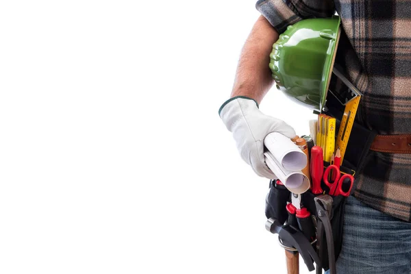 Carpenter Isolated White Background Wears Leather Work Gloves Holding Helmet — Stock Photo, Image