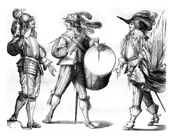 Piker Drum Flag Bearer French Guards 1635 Vintage Engraved Illustration — Stock Photo, Image