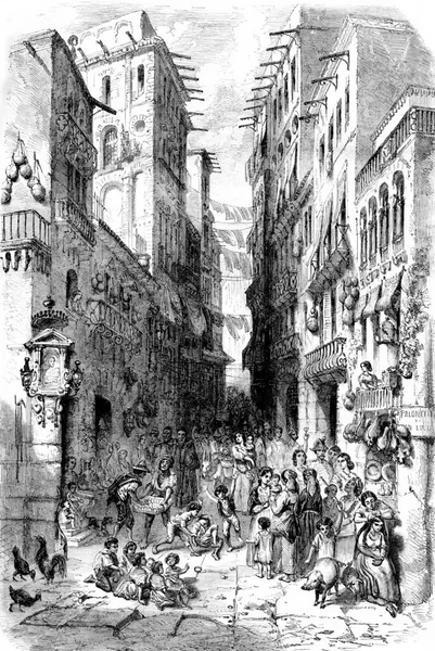 Street Bonito San Lucia Naples Ukiran Ilustrasi Vintage Magasin Pittoresque — Stok Foto