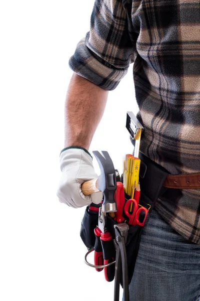 Carpenter Isolated White Background Wears Leather Work Gloves Holding Hammer — Stock Photo, Image