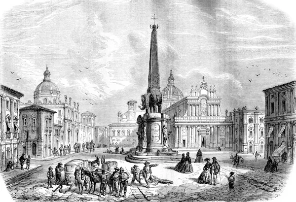 Sloní Fontána Catania Archivní Rytá Ilustrace Magasin Pittoresque 1861 — Stock fotografie