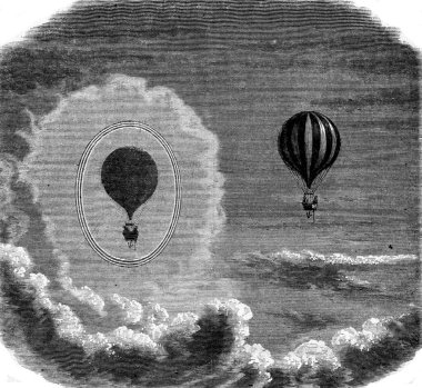 Optical phenomenon observed on 8 June 1872 by Messrs against the Admiral Baron Roussin and Gaston Tissandier in a aerostatic ascension, vintage engraved illustration. Magasin Pittoresque 1873.. clipart