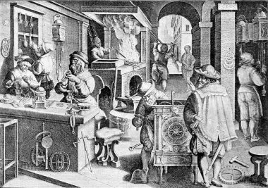 Clock workshop in the sixteenth century, vintage engraved illustration. From the Universe and Humanity, 1910.. clipart