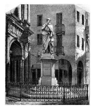 The Statue of Palladio and Ja Basilica in Vicenza, vintage engraved illustration. Magasin Pittoresque 1877.. clipart