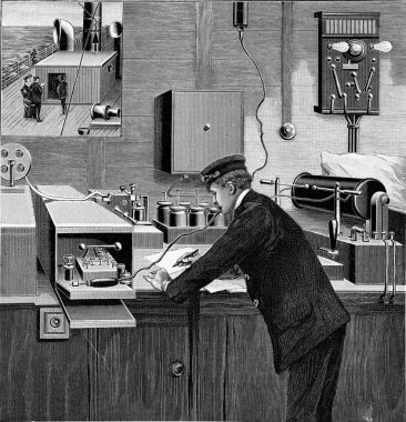 Telegraph station on board ship for wireless telegraphy, vintage engraved illustration. From the Universe and Humanity, 1910.. clipart