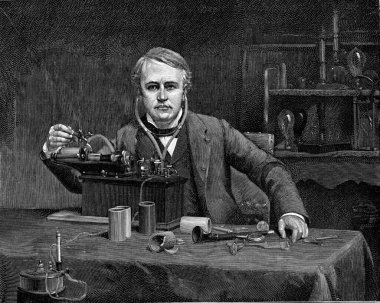 Thomas Alva Edison in front of his phonograph, vintage engraved illustration. From the Universe and Humanity, 1910.. clipart