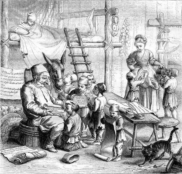 パンチとグリロの家族 ヴィンテージ刻まれたイラスト Magasin Pittoresque 1861 — ストック写真