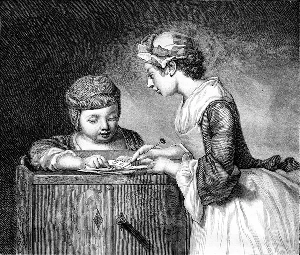 姉のレッスン ヴィンテージの刻まれたイラスト Magasin Pittoresque 1861 — ストック写真