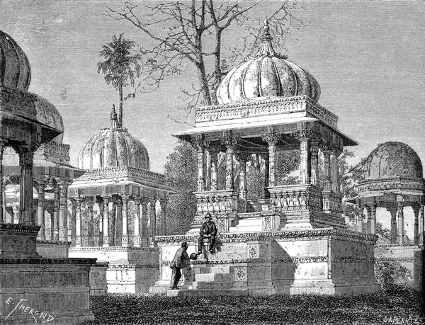 乌代普尔的Maha Sati Ahar国王陵墓中 刻有古老的版画 Tour Monde Travel Journal 1872 — 图库照片