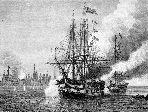 Solovetského Bombardování Anglofrancouzskou Flotilou Roce 1854 Archivní Rytá Ilustrace Tour — Stock fotografie