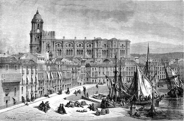 Malaga Kathedraal Haven Vintage Gegraveerde Illustratie Tour Monde Reisjournaal 1865 — Stockfoto