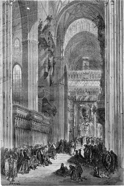 塞维利亚大教堂的内部 古老的雕刻插图 Tour Monde Travel Journal 1865 — 图库照片