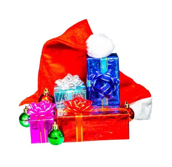 Caixa Presentes Chapéu Santa Claus Isolado Branco Com Caminho Recorte — Fotografia de Stock