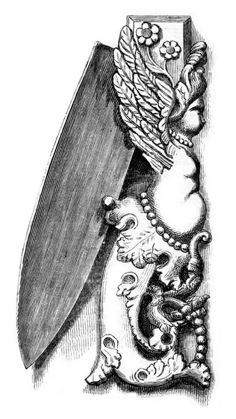 来自卢浮宫索瓦吉奥收藏品的一把旧刀 古老的雕刻图解 Magasin Pittoresque 1873年 — 图库照片