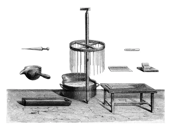制作蜡烛用的工具 老式雕刻的插图 Magasin Pittoresque 1873年 — 图库照片