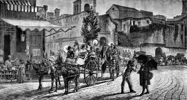 ナポリのMontevergineの饗宴のための出発 ヴィンテージの刻まれたイラスト Magasin Pittoresque 1876 — ストック写真