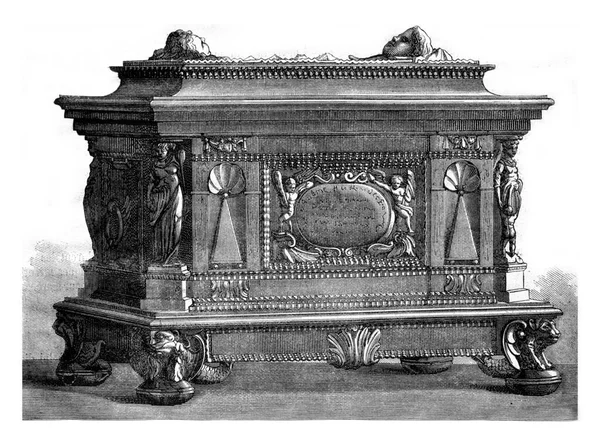 十七世纪斯特拉斯堡木匠行会的盒子 古老的雕刻插图 Magasin Pittoresque 1876 — 图库照片