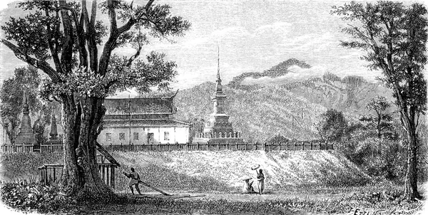 Bir Lao Pagoda Wat Luang Prabang Tomea Soc Eski Gravür — Stok fotoğraf