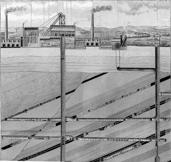 炭鉱を通ってセクションでは ヴィンテージの刻まれたイラスト 1910年宇宙と人類から — ストック写真