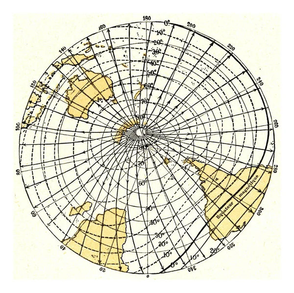 磁经线和等高线或等磁倾角线 老式雕刻图解 1910年来自宇宙与人类 — 图库照片