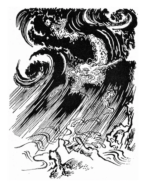 Dragon Tempête Illustration Gravée Vintage Univers Humanité 1910 — Photo