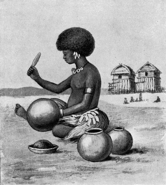 陶瓷生产在新几内亚 老式版画插图 1910年来自宇宙与人类 — 图库照片
