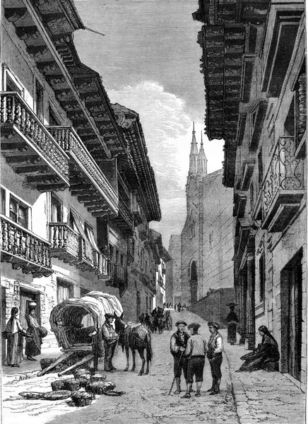 High Street Major Hondarribia Vintage Graverad Illustration Magasin Pittoresque 1877 — Stockfoto