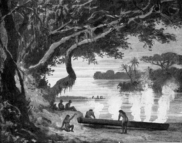 Indios Brasileños Cavando Árbol Por Fuego Ilustración Grabada Vintage Del —  Fotos de Stock