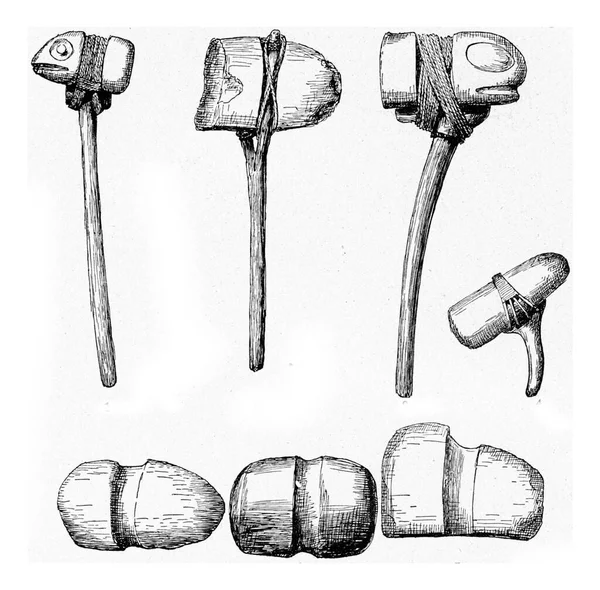 Martelos Pedra Com Ranhuras Para Punho Ilustração Gravada Vintage Universo — Fotografia de Stock