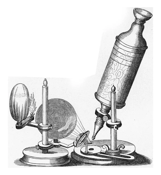 Microscopio Con Iluminación Artificial Mesa Objetivo Ilustración Grabada Vintage Del —  Fotos de Stock